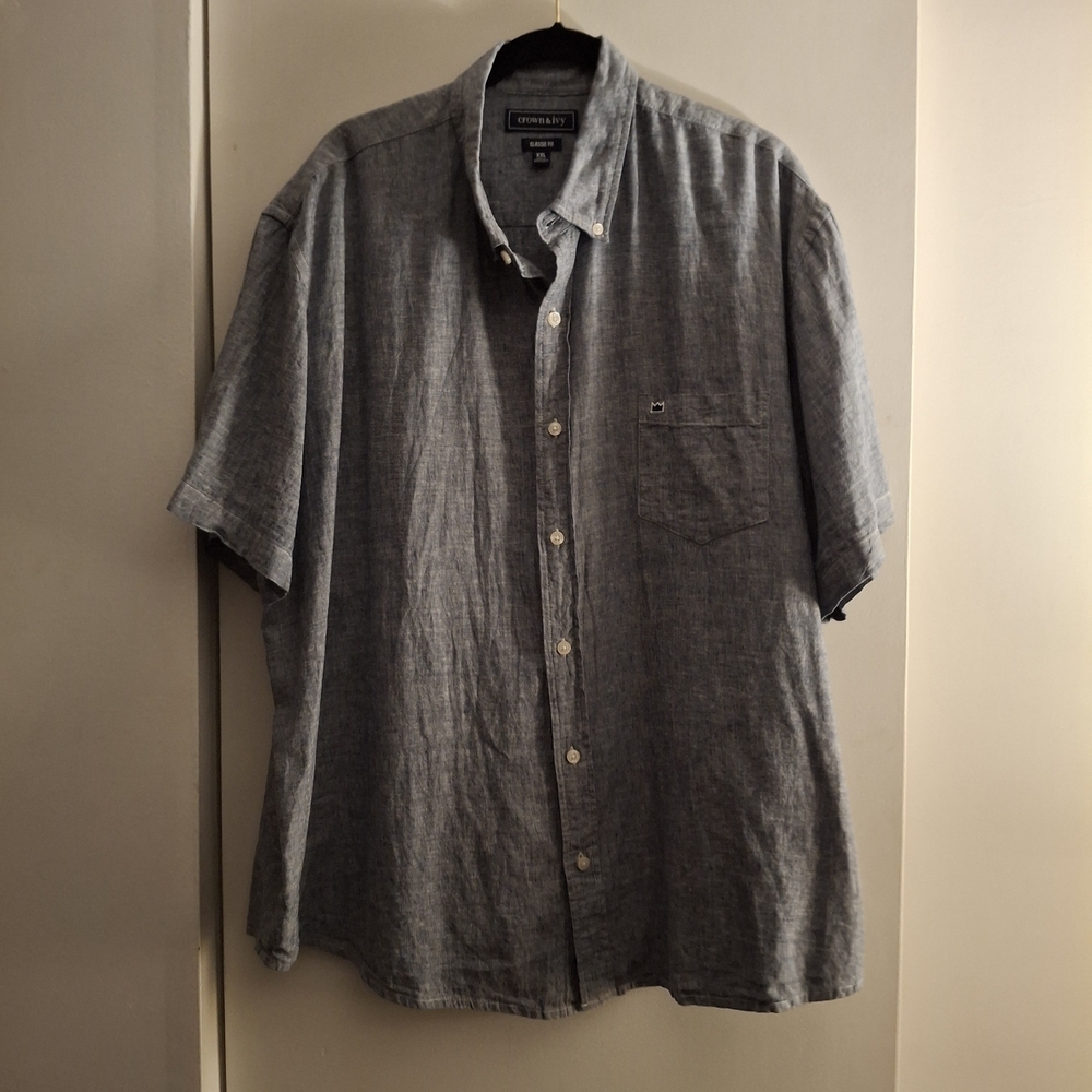 Crown & Ivy Men's Heathered Blue Linen Casual Button-Down Shirt